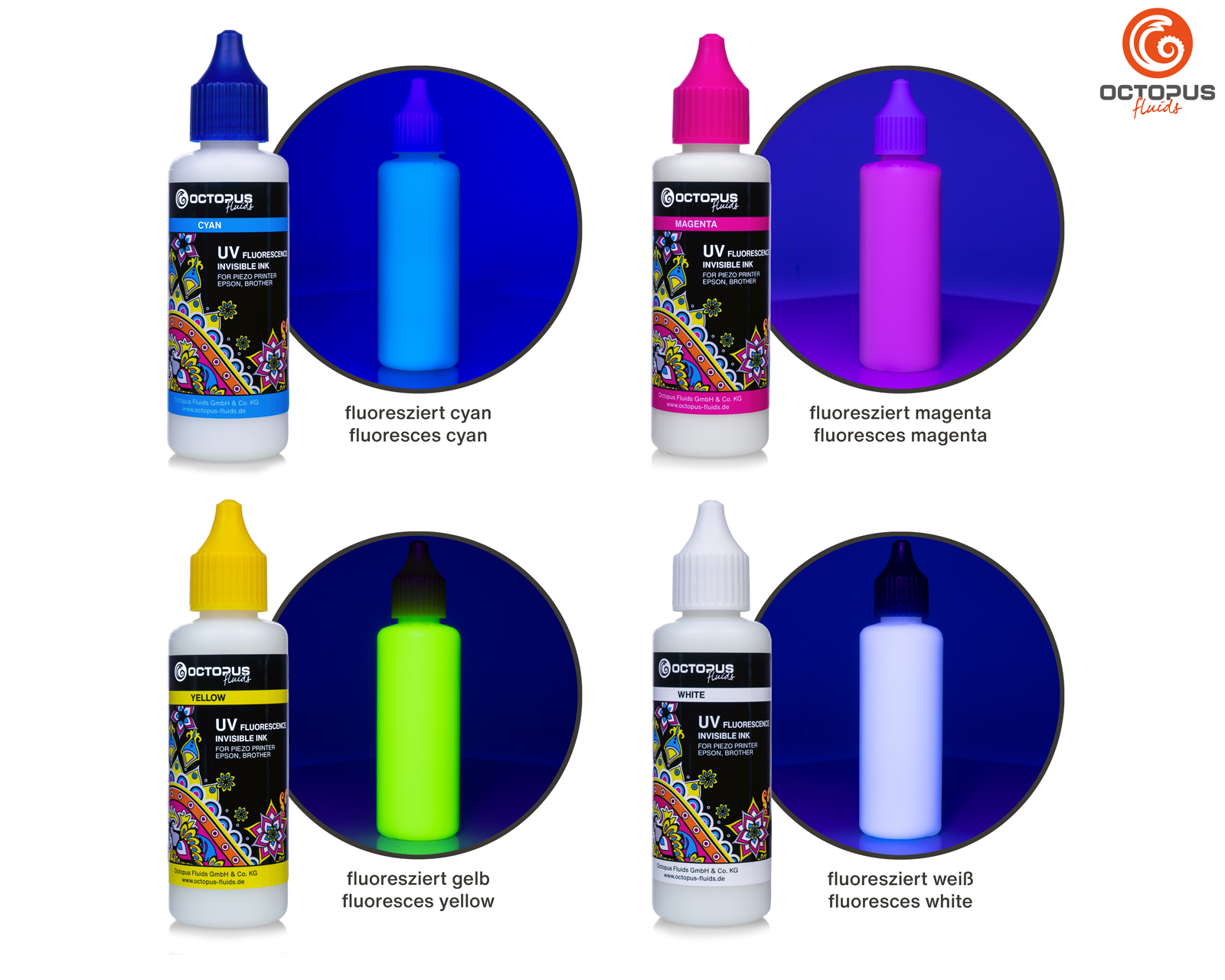 Set of 4x 50ml UV fluorescence invisible ink for Epson and Brother print heads: white, cyan, magenta, yellow