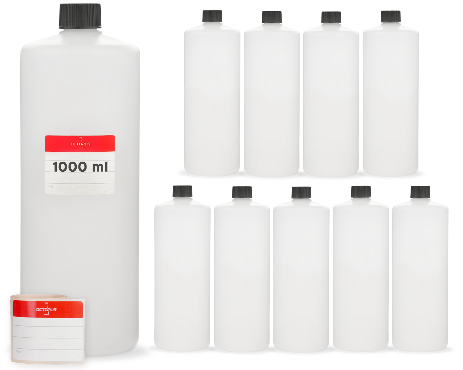 1000 ml HDPE plastic bottles round with black caps
