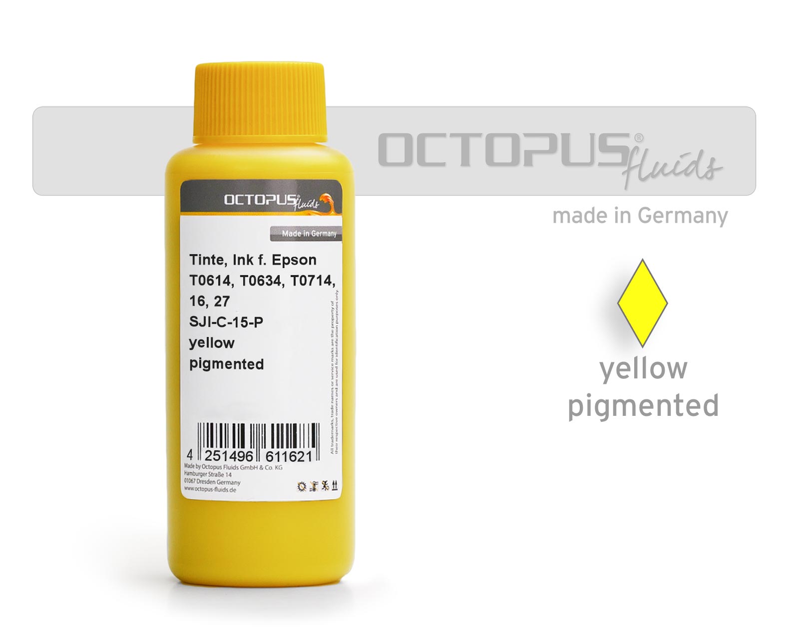 Tinte für Epson T0614, T0634, T0714, 16, 27 gelb pigm.