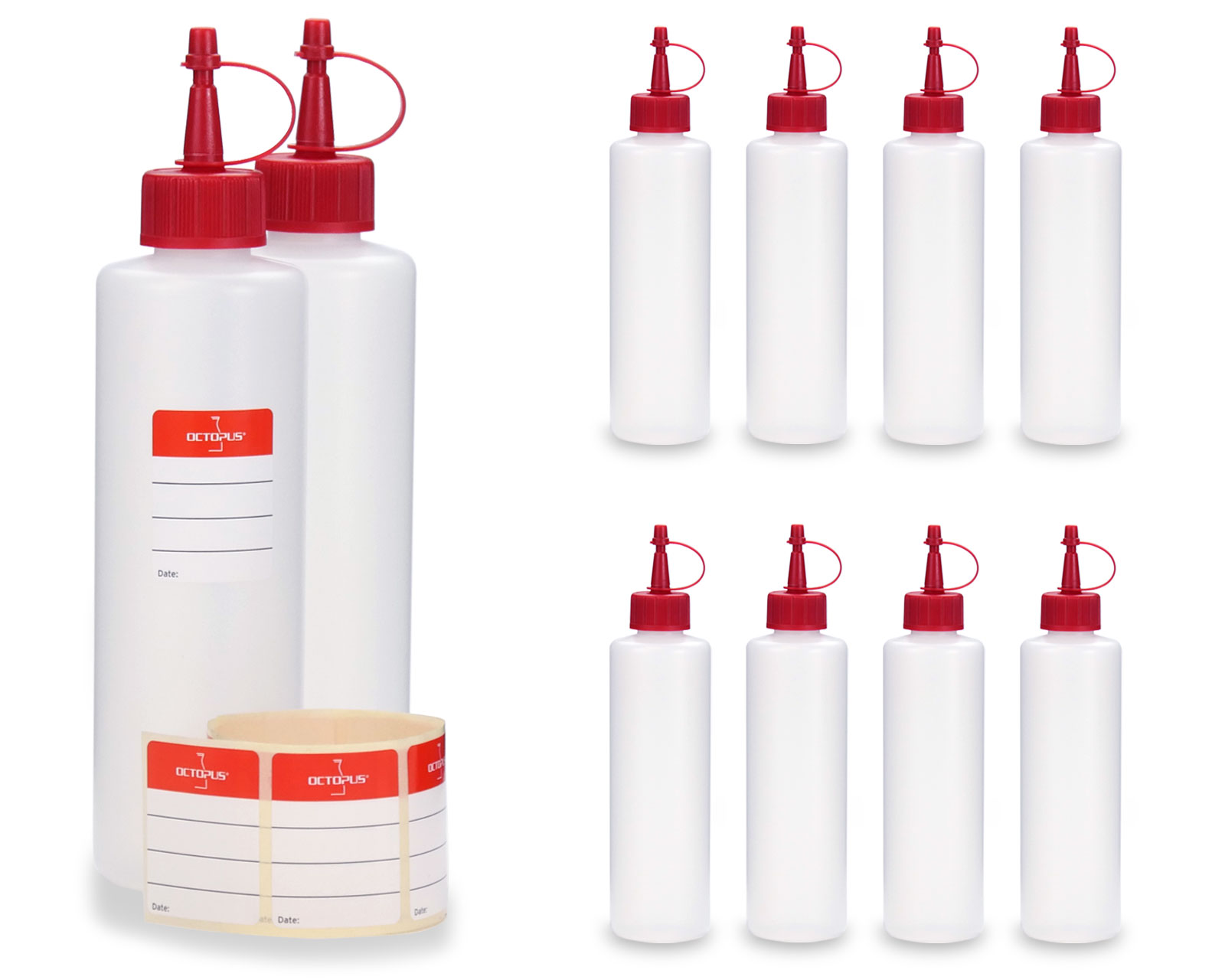10 x 250 ml bottiglie plastica rotondo di HDPE con tappi di dosaggio rossi