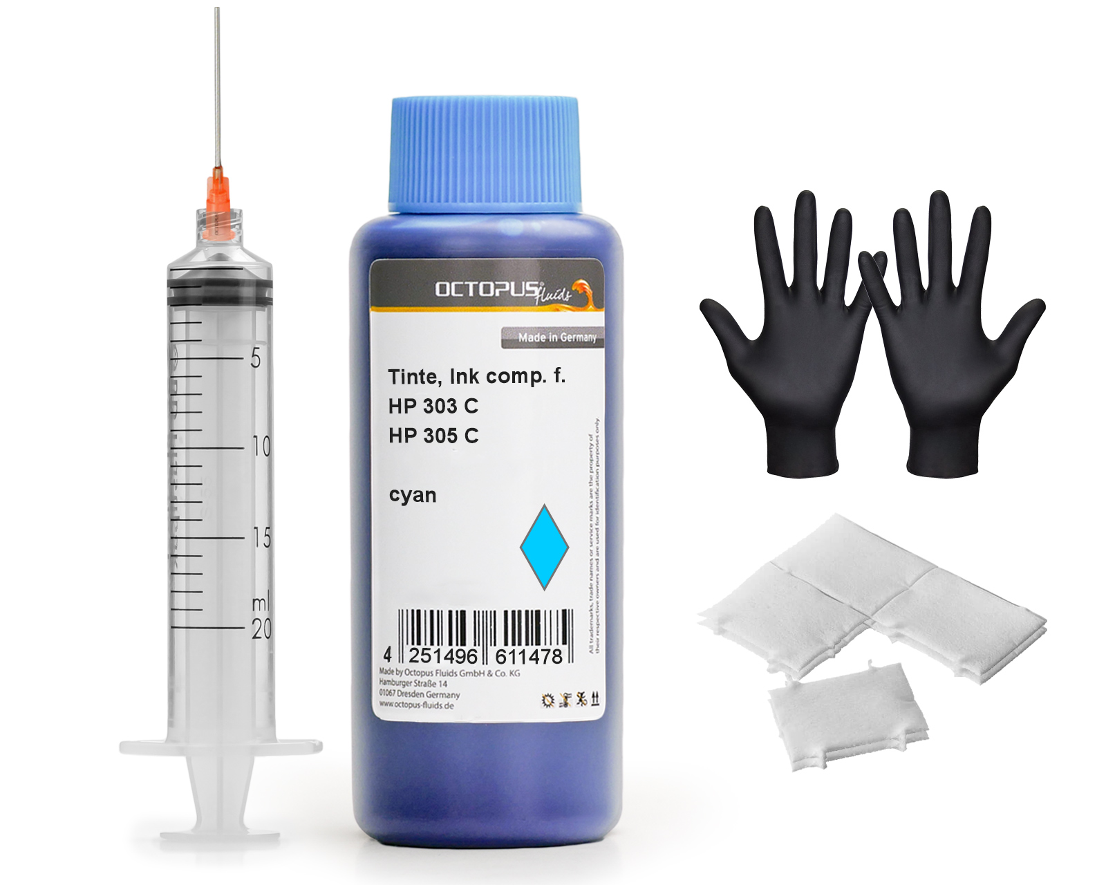 Refill ink for HP 303 and HP 305 ink, cyan with syringe, HP 303, 305, Printer Ink HP, Printer Ink
