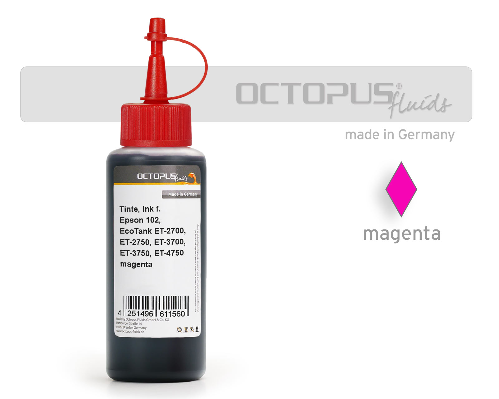 Refill ink for Epson 102, EcoTank ET-2700, ET-2750, ET-3700, ET-3750, ET-4750 magenta